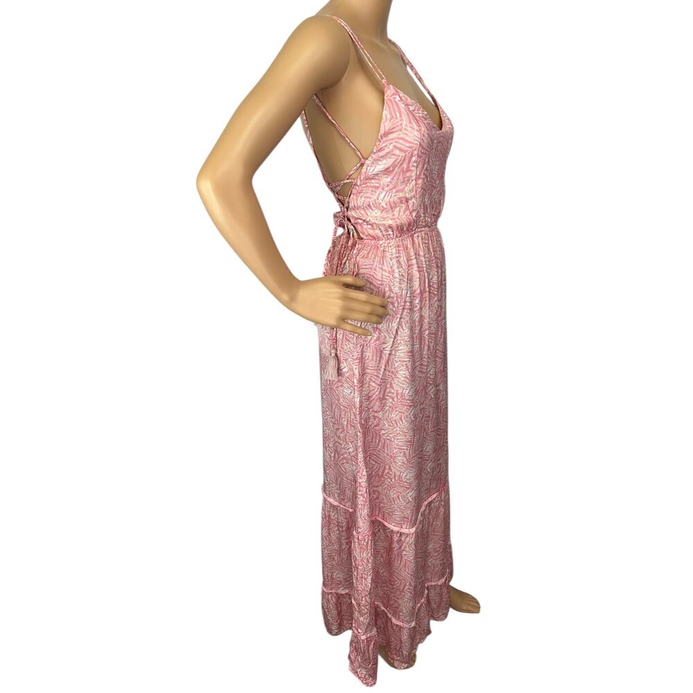 Maaji Nicole Palm Print Lace-Up Maxi Dress Pink Tassel Tiered Size S - Picture 4 of 12